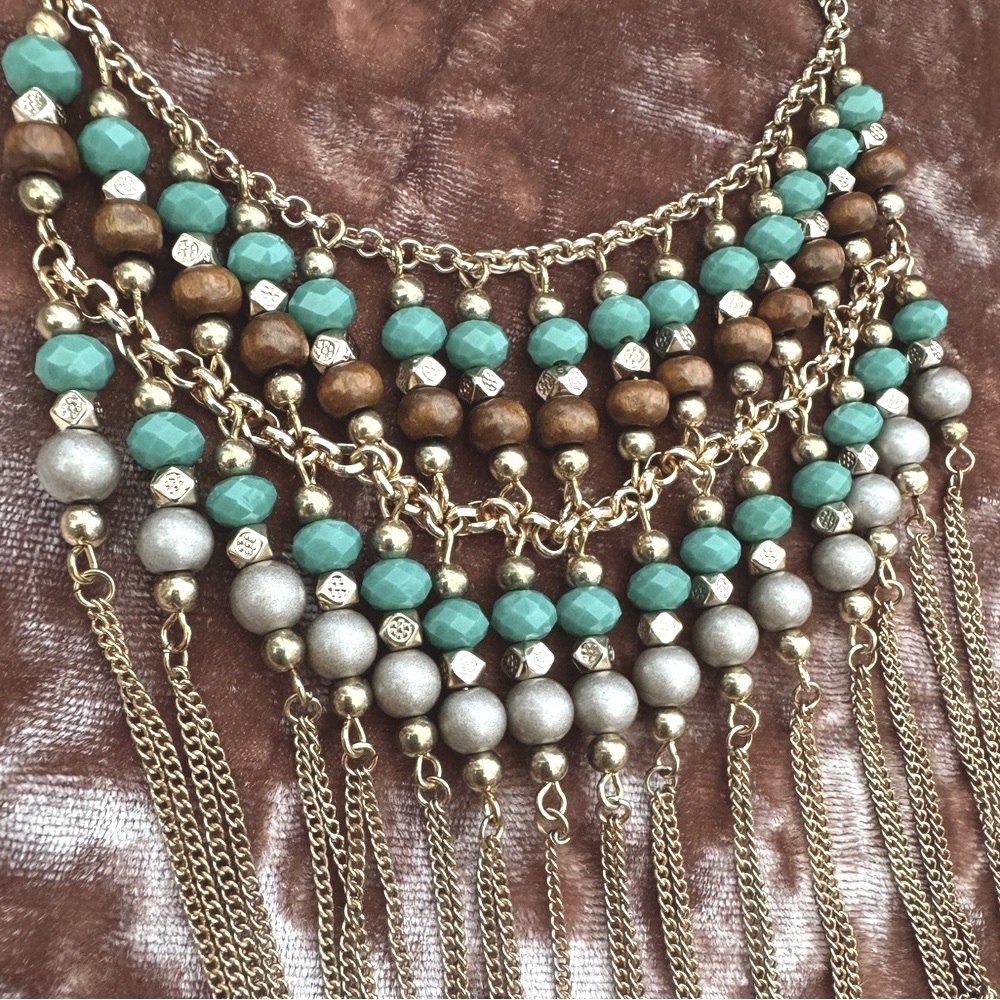 Anthropologie Gold and Teal Beaded Tassel Fringe Necklace - Like New!